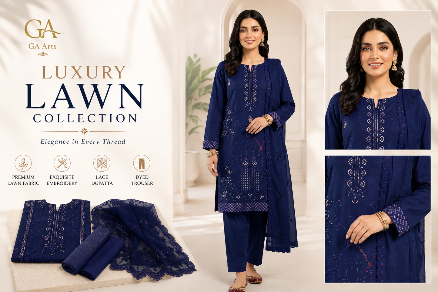 Navy Blue Embroidered Lawn 3 Piece Suit with Lace Dupatta