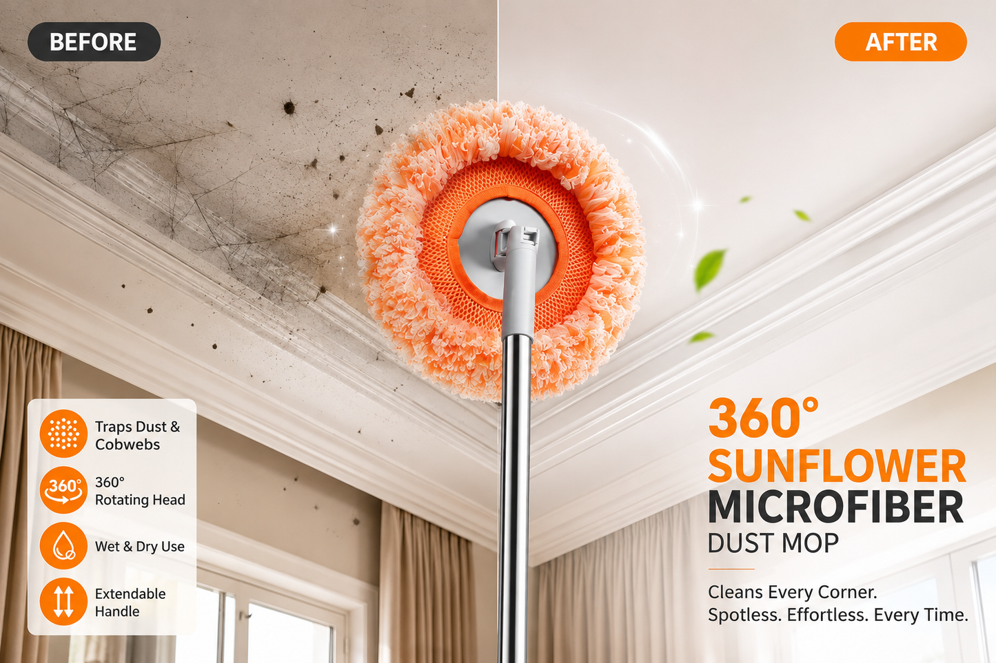 360° Sunflower Microfiber Dust Mop – Extendable Handle Wet & Dry Cleaning Brush for Ceiling, Walls & High Corners