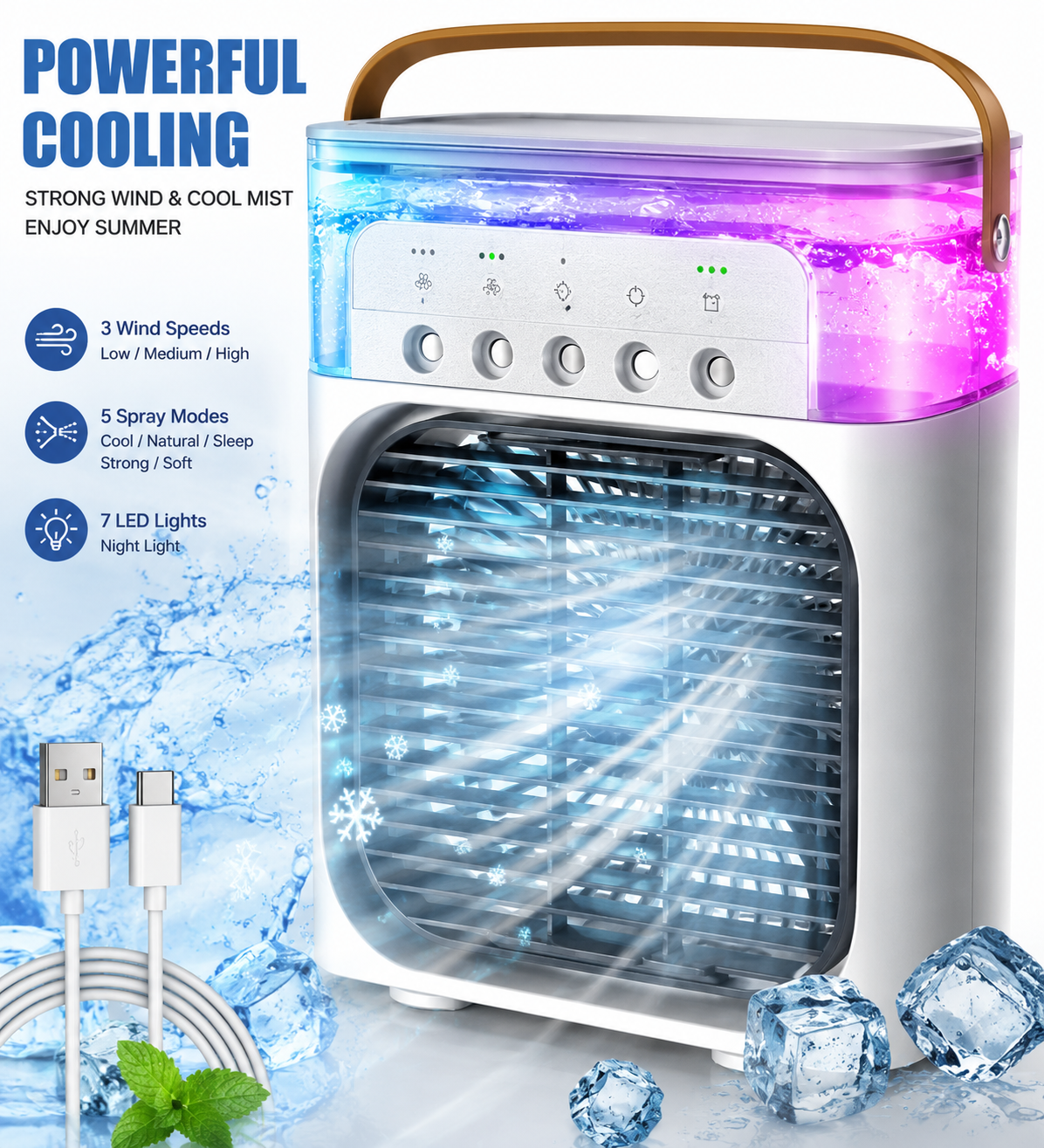(Best for Sales): 5-in-1 Portable Mini AC & Water Spray Cooler Fan – 12000mAh Rechargeable