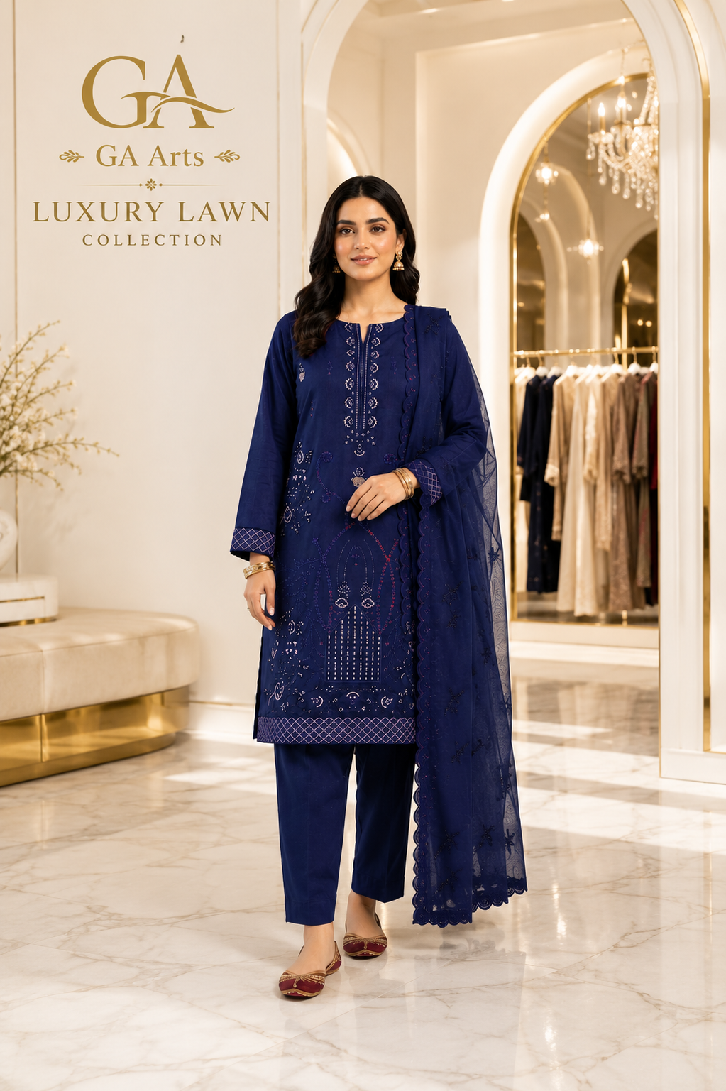Navy Blue Embroidered Lawn 3 Piece Suit with Lace Dupatta