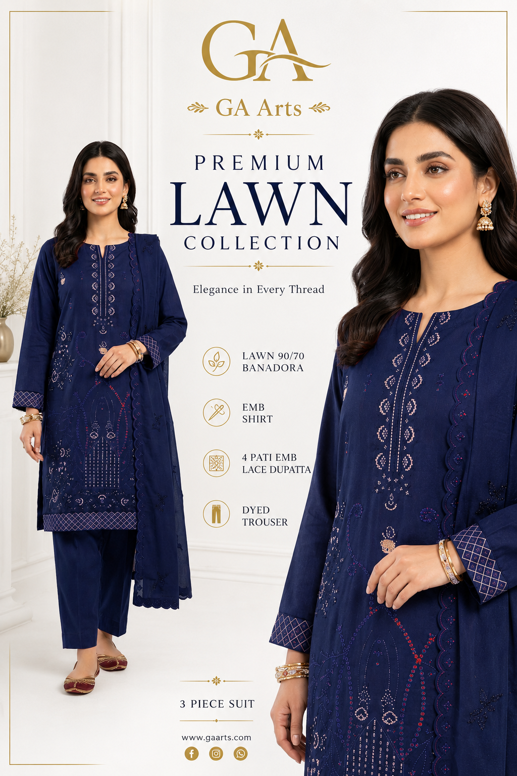 Navy Blue Embroidered Lawn 3 Piece Suit with Lace Dupatta