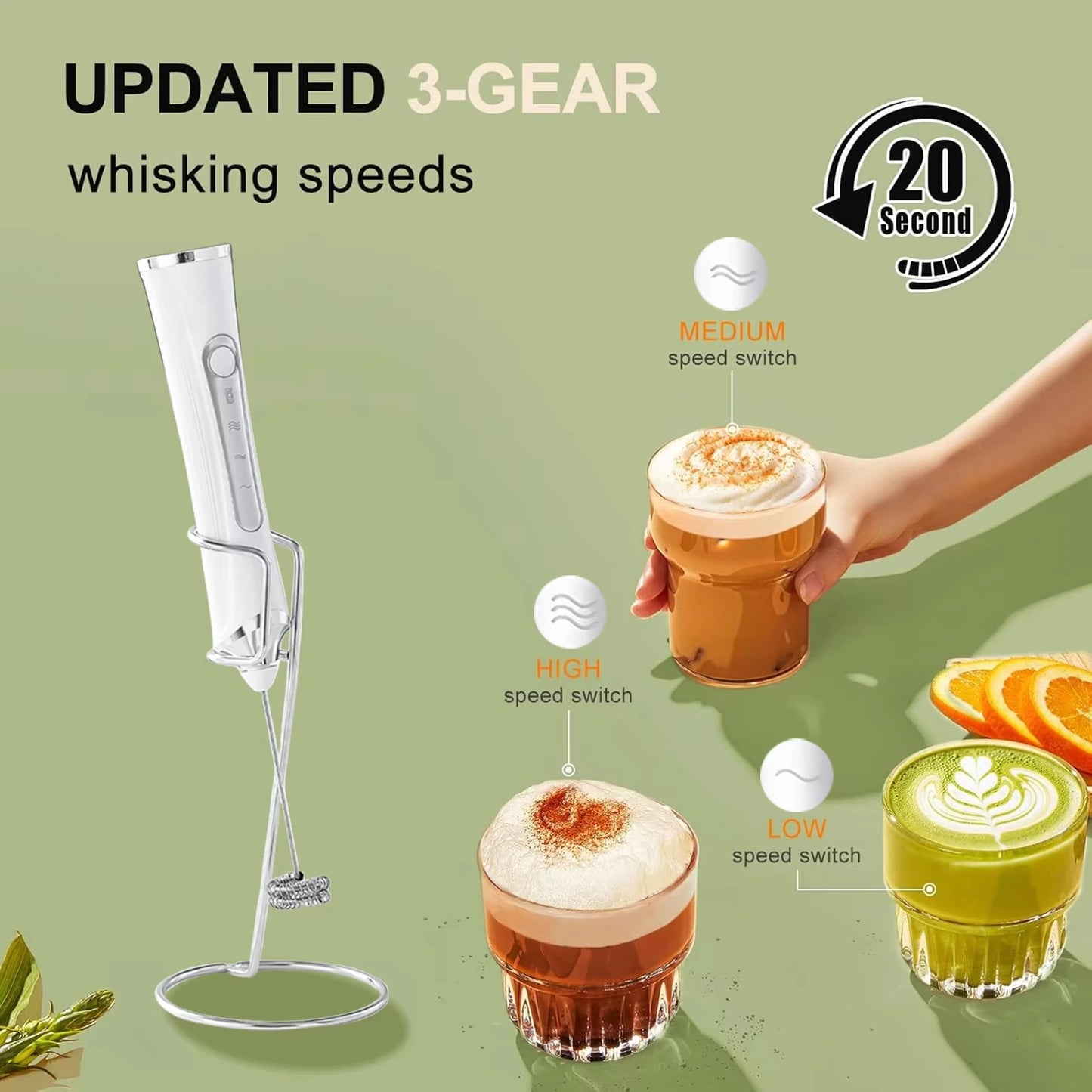 1 Electric Milk Frother, Dual Stick Rechargeable 3-Speed Handheld Egg Beater, Coffee Frother, Cream Blender, Travel Blender