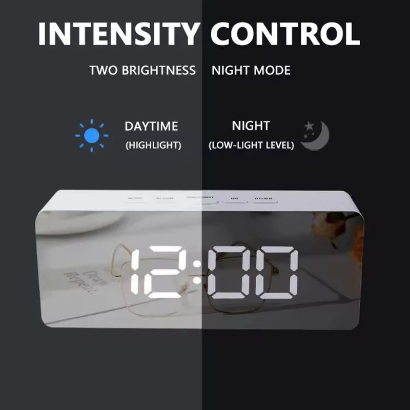 Mirror LED Digital Alarm Clock with Temperature Display and Smart Night Light for Bedroom, Makeup Vanity and Office Use