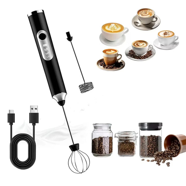 1 Electric Milk Frother, Dual Stick Rechargeable 3-Speed Handheld Egg Beater, Coffee Frother, Cream Blender, Travel Blender