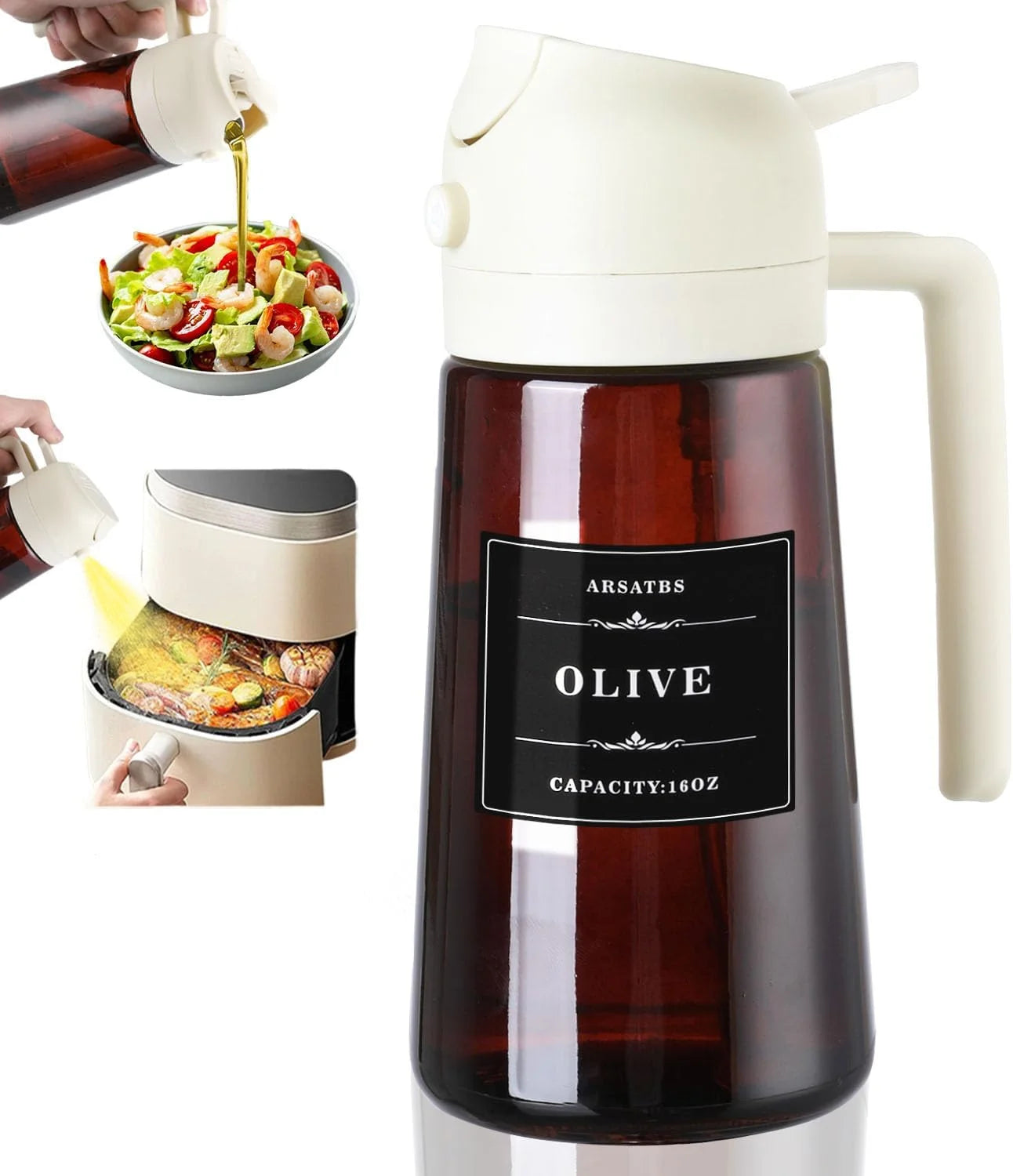 2-in-1 Glass Oil Dispenser & Sprayer - 16oz/470ml Leakproof Olive Oil Sprayer Bottle for Cooking, Air Fryer, BBQ, Baking, Salad
