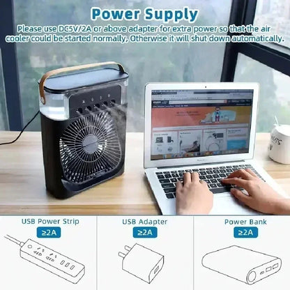 Portable 3 In 1 Mini Air Cooler Fan Humidifier LED Night Light Adjustable Wind Speed Desktop Cooling Fan For Bedroom Office Stud