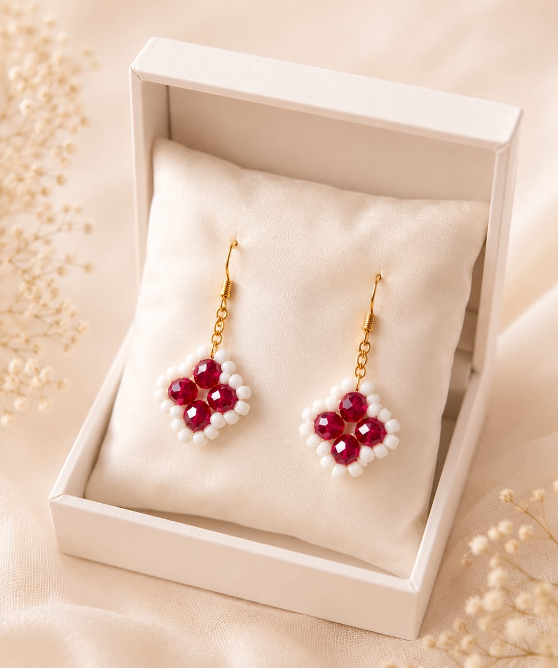 Handmade Red Crystal Flower Earrings – Elegant Gold Hook Beaded Dangle Earrings for Women
