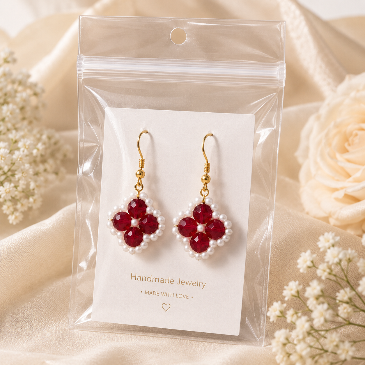 Handmade Red Crystal Flower Earrings – Elegant Gold Hook Beaded Dangle Earrings for Women