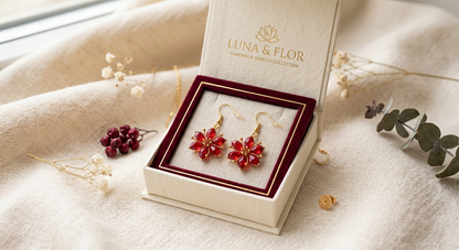 Handmade Red Crystal Flower Earrings – Elegant Gold Hook Beaded Dangle Earrings for Women
