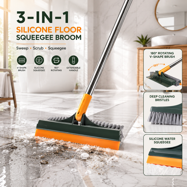 3-in-1 Silicone Floor Squeegee Broom – 180° Rotating Brush, Water Wiper & Extendable Cleaning Mop