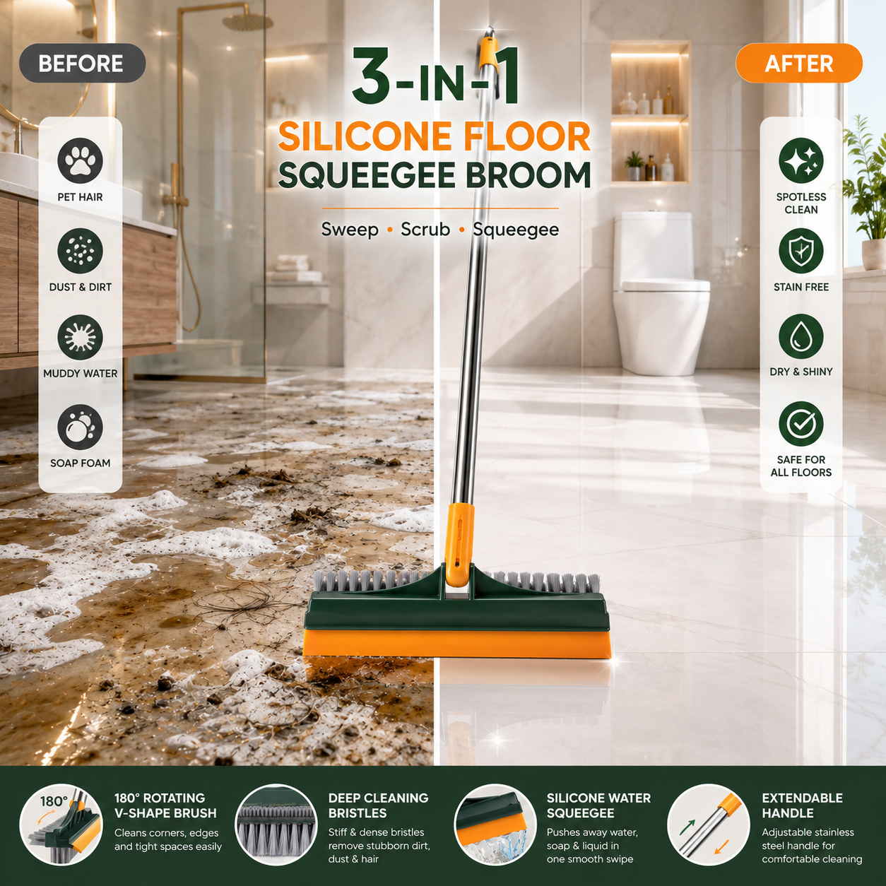 3-in-1 Silicone Floor Squeegee Broom – 180° Rotating Brush, Water Wiper & Extendable Cleaning Mop