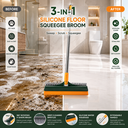 3-in-1 Silicone Floor Squeegee Broom – 180° Rotating Brush, Water Wiper & Extendable Cleaning Mop
