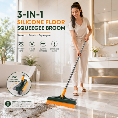 3-in-1 Silicone Floor Squeegee Broom – 180° Rotating Brush, Water Wiper & Extendable Cleaning Mop