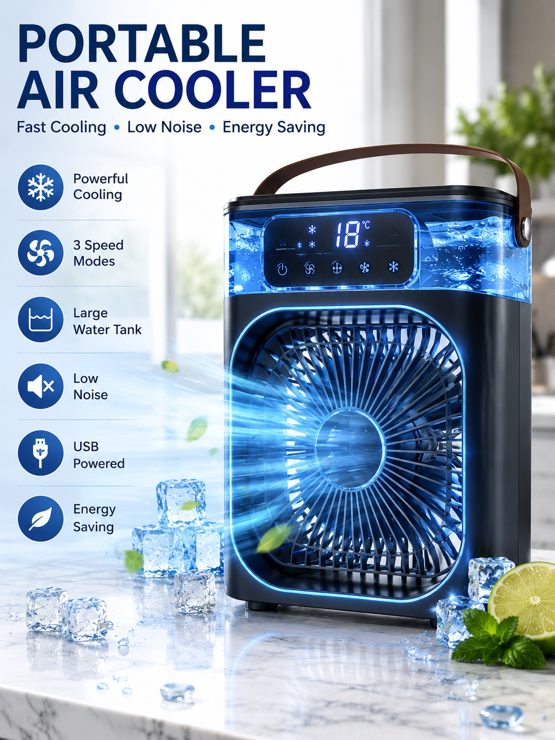 (Best for Sales): 5-in-1 Portable Mini AC & Water Spray Cooler Fan – 12000mAh Rechargeable