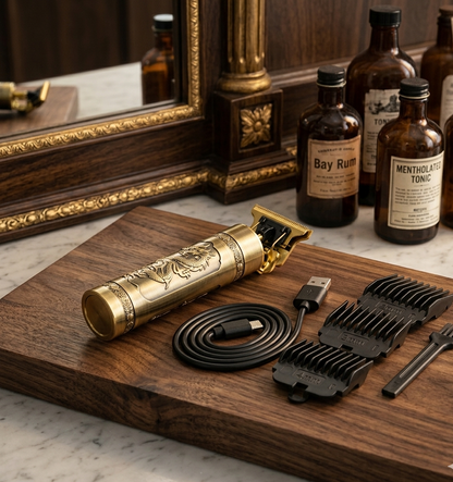Professional T9 Vintage Wireless Hair Trimmer - Golden Metallic Beard Clipper & Grooming Kit