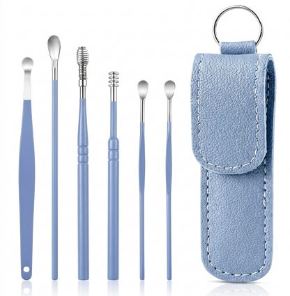 6-Piece Ear Wax Removal Kit with Faux Leather Keychain Case (Available in 6 Colors) - Comprehensive Ear Cleansing Tool Set