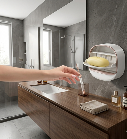 "Elegant Draining Soap Box - Rose Gold & White Wall-Mount Holder with Dropdown Tray"