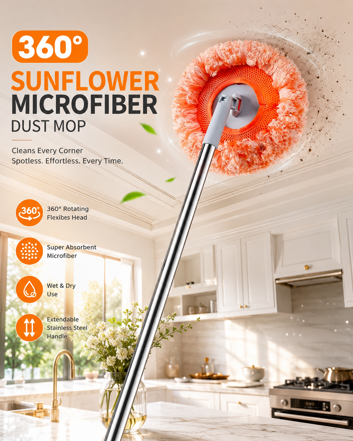 360° Sunflower Microfiber Dust Mop – Extendable Handle Wet & Dry Cleaning Brush for Ceiling, Walls & High Corners